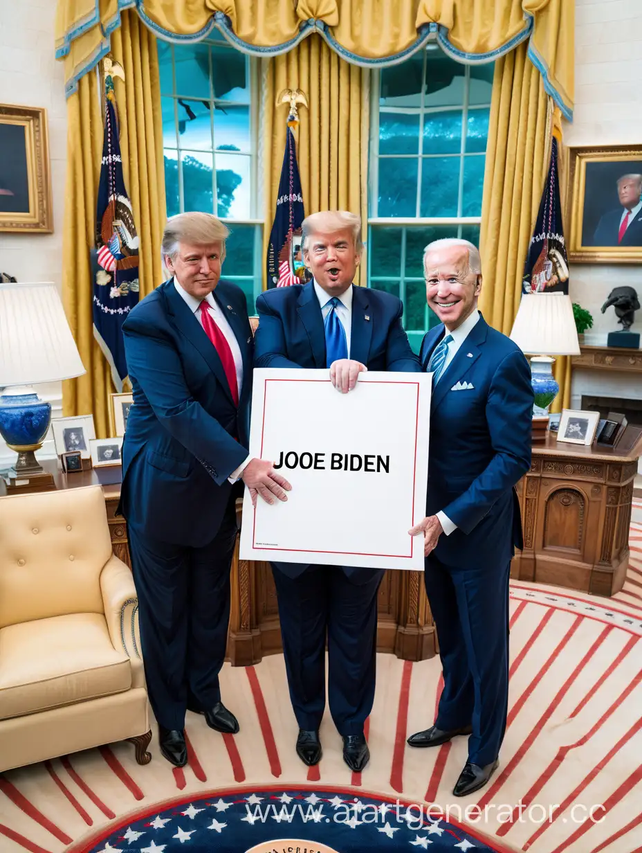 high digital definition photo, oval office back ground,, Donald Trump,  handing a  large, square white placard to joe biden, landscape