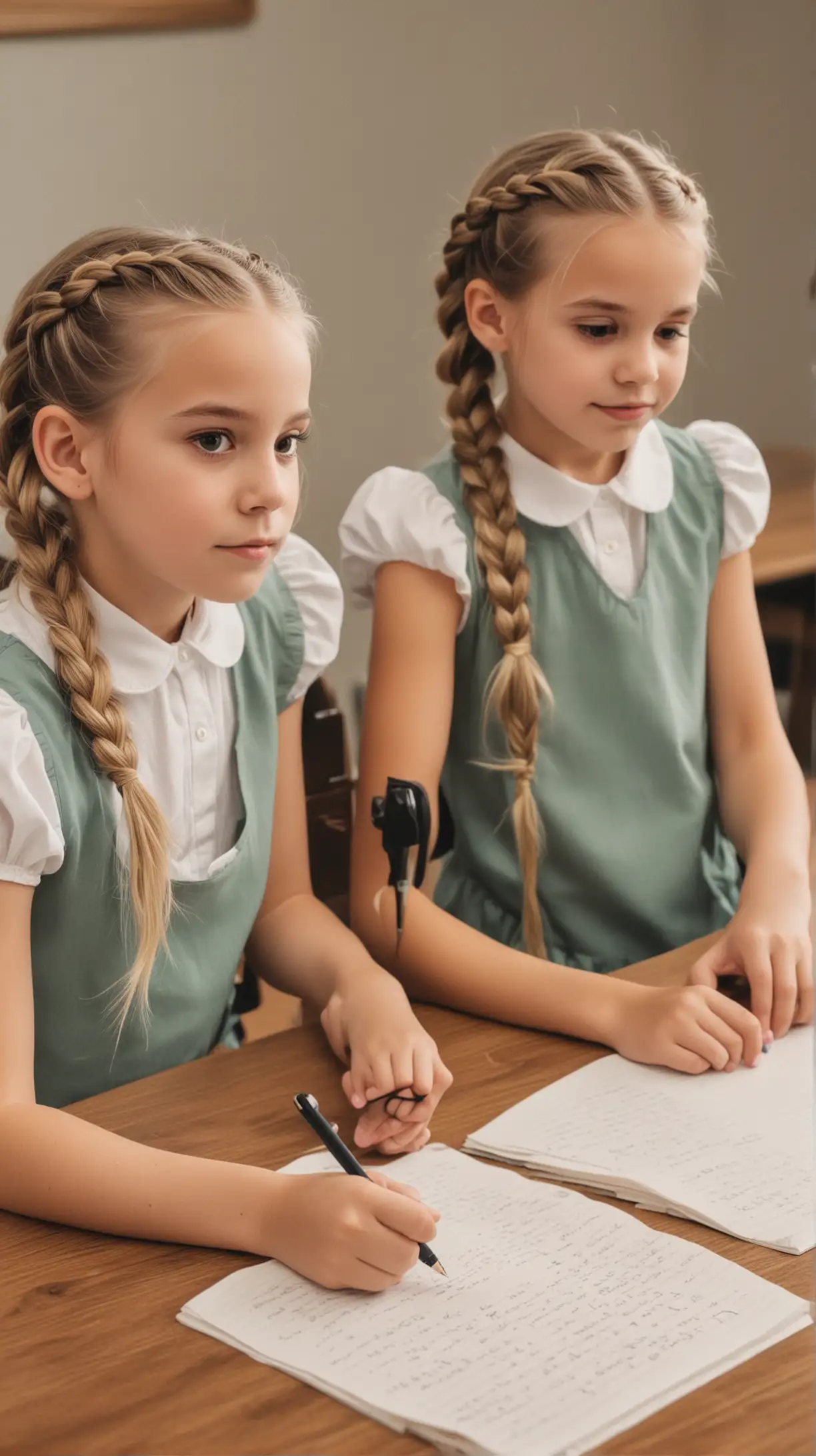 Two Young Girls Writing in Notebooks at Desk