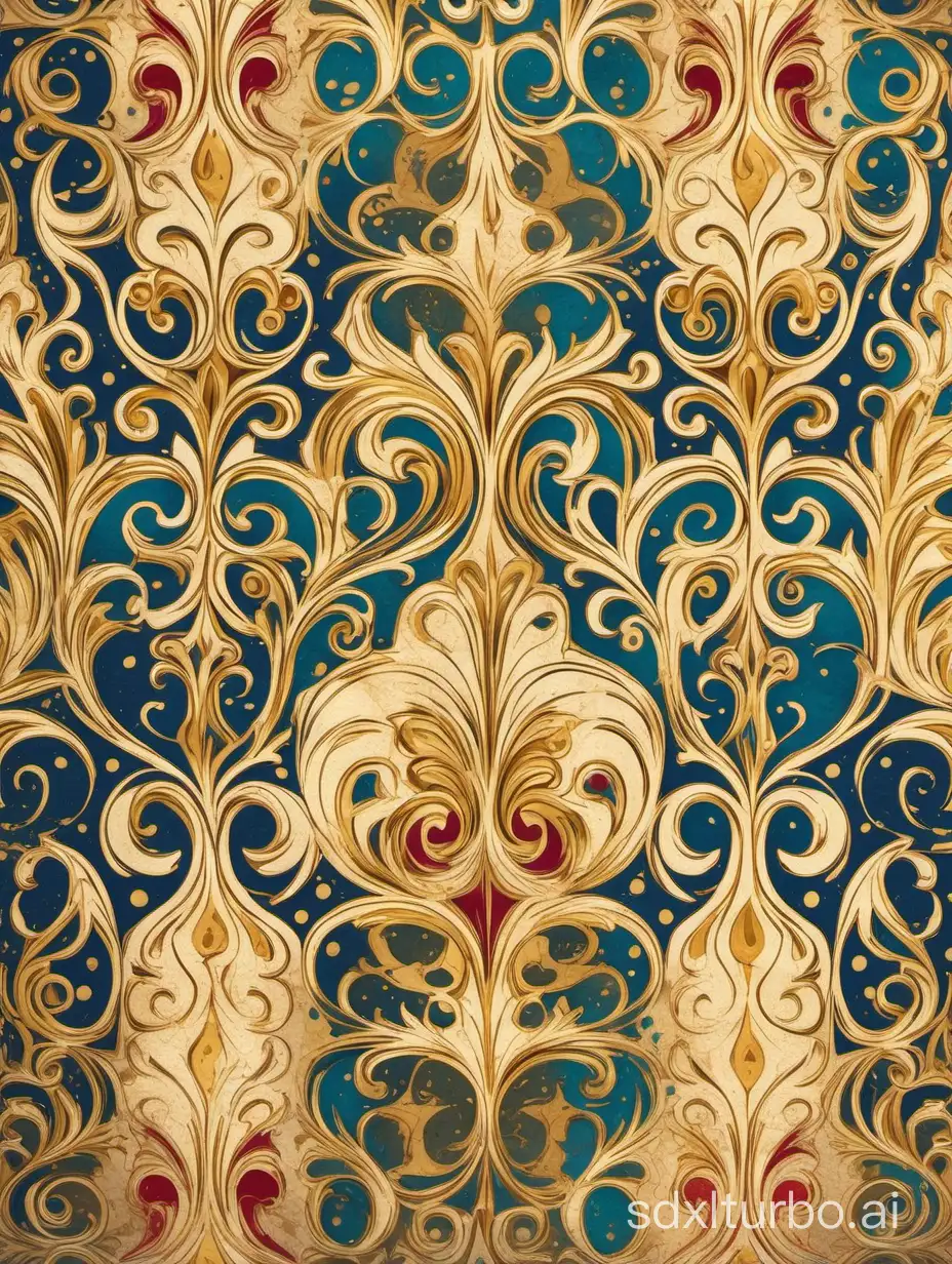 Florentine paper with colorful flourishes and golden dots, splashes and ornaments