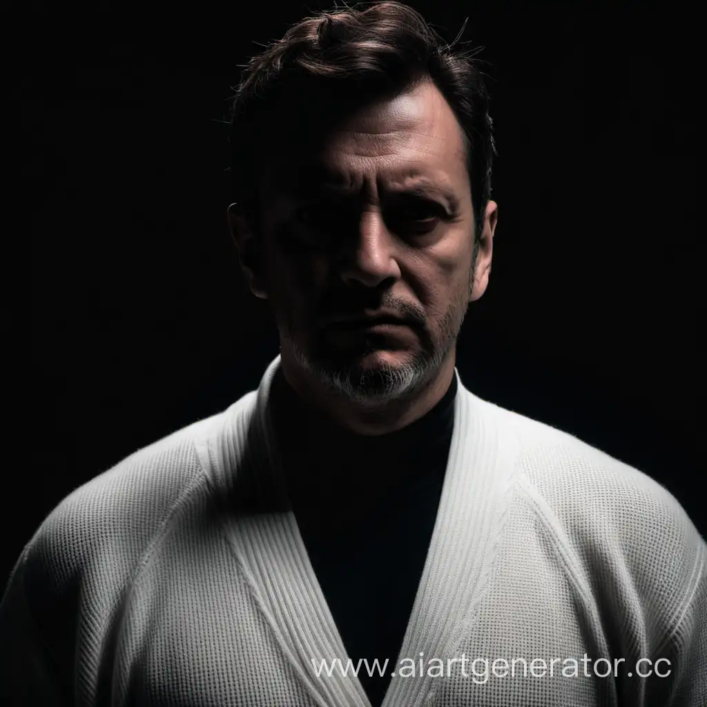 man wearing white cardigan, black background looking ominous