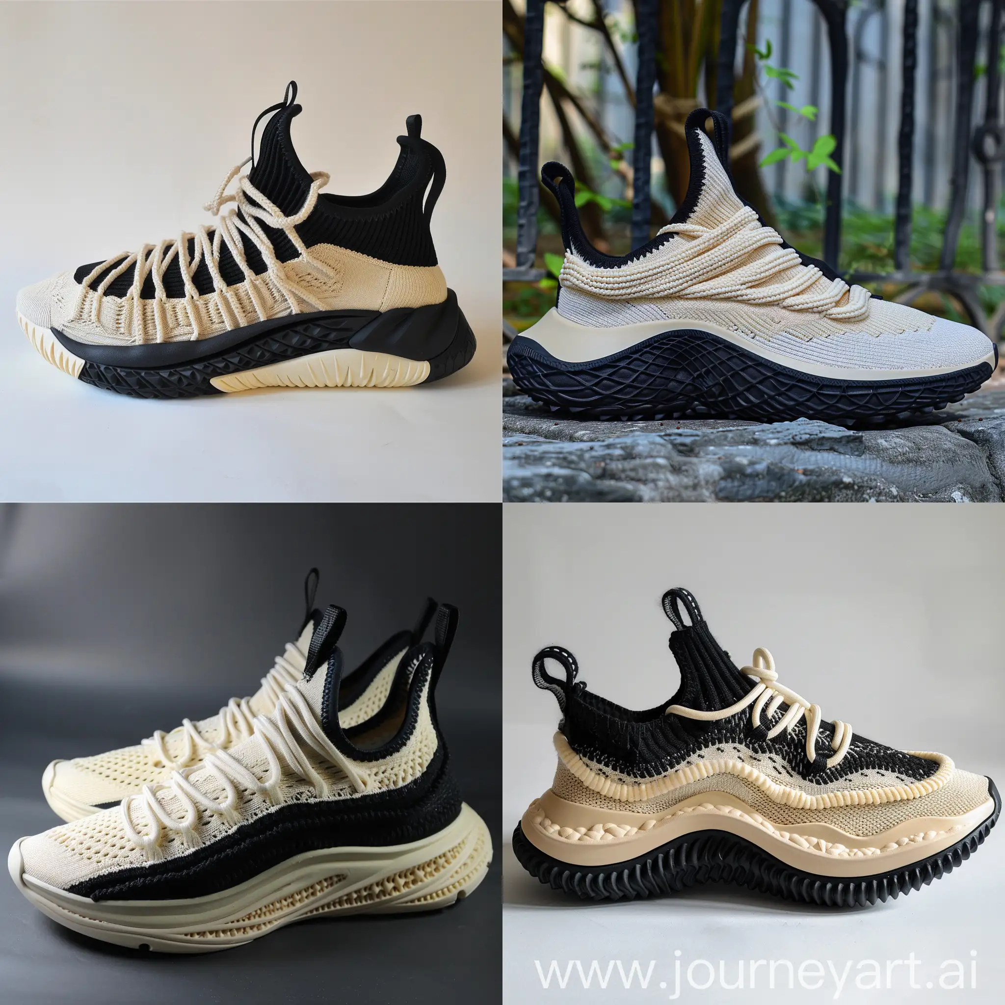 Sneakers design , running and sports , inspired by orca whale , cream color rubber midsole , knitted cables on midsole , some knitted cables on upper , upper color black and cream , low neck , black outsole , knitted laces , 