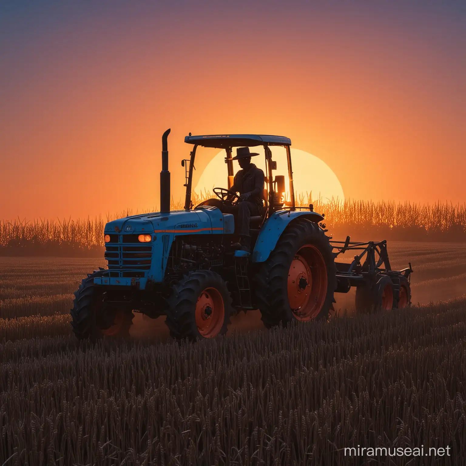 sillouette of a scare-crow driving a tractor (group)
appreance-neon blue/orange /noir/full body/
background-field/wheat/sunset