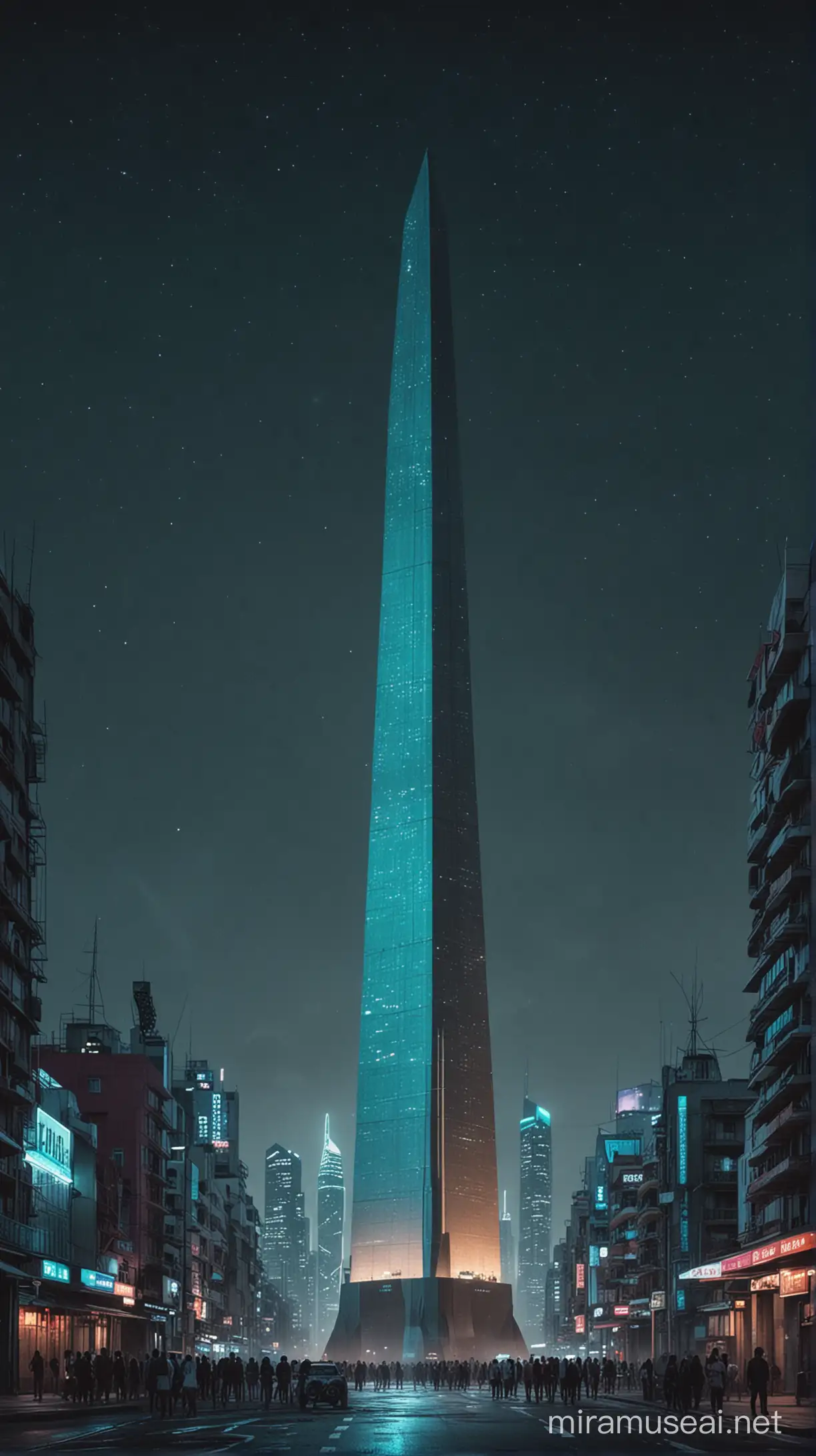 hiperrealista cinematografico obelisco de Buenos Aires centrado en la parte de abajo de la mitad de pàgina, de noche en una ciudad ciberpunk con un cielo galactico