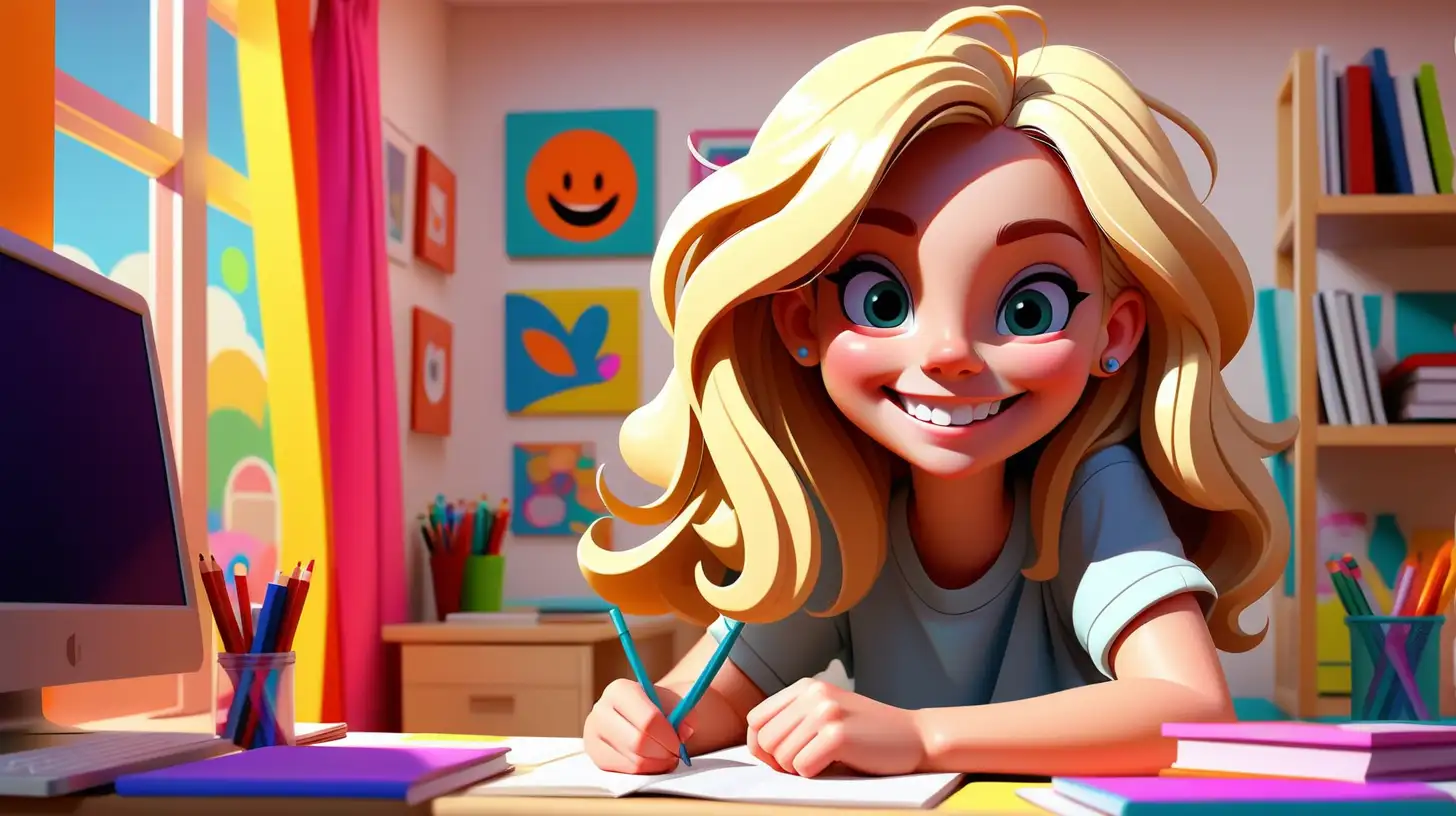 colourful picture for youtube thumbnail. D cartoon. Blonde hair girl studying in her room, smiling into the camera, bright sunny colors