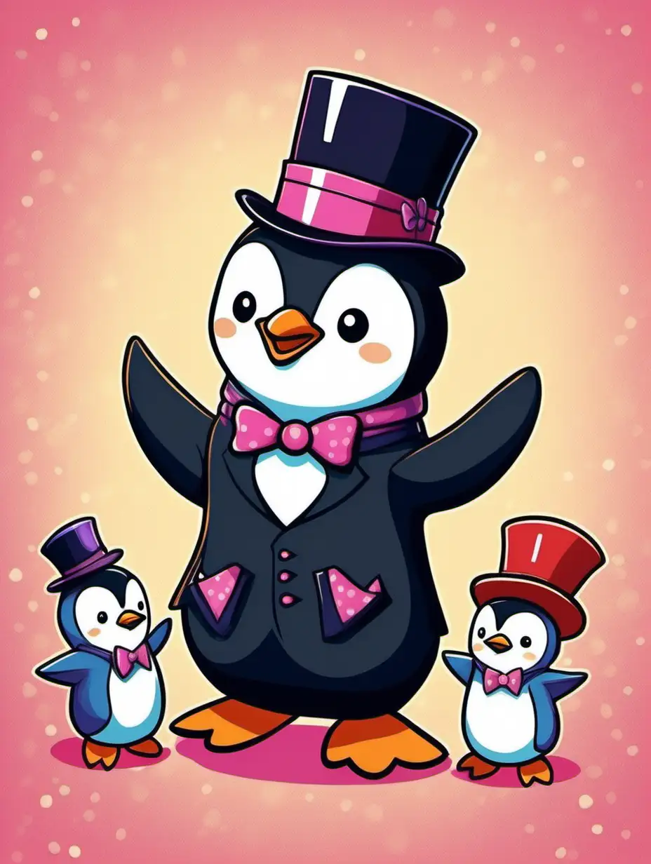 **Scene Description:** In a delightful Sanrio-inspired scene, a penguin magician performs a charming trick by pulling a smaller penguin out of a top hat.

**Art Style:** The art style captures the whimsical and endearing essence of Sanrio characters, with vibrant colors and adorable designs.

**Subject:** The focal point is the penguin magician delighting the audience by performing a classic magic trick, extracting a smaller penguin from a top hat.

**Visual Elements:**

- **Characters:**
  - The penguin magician radiates charisma and charm, wearing a top hat and a mischievous grin as he showcases his magical prowess.
  - The smaller penguin emerges from the top hat with an expression of surprise and wonder, adding to the whimsy of the scene.

- **Setting:**
  - The stage is adorned with colorful decorations and magical paraphernalia, creating a festive and enchanting atmosphere.

**Composition:**
- The composition centers on the magician and the top hat, with the smaller penguin emerging as the focal point of the trick. The arrangement enhances the sense of wonder and surprise for the audience.

**Props/Objects:**
  - The top hat serves as a key prop, symbolizing the magician's mastery of illusion and adding to the spectacle of the performance.

**Atmosphere/Mood:**
- The scene exudes joy and amazement, captivating the audience with its whimsical charm and bringing smiles to their faces as they marvel at the magic unfolding before them.