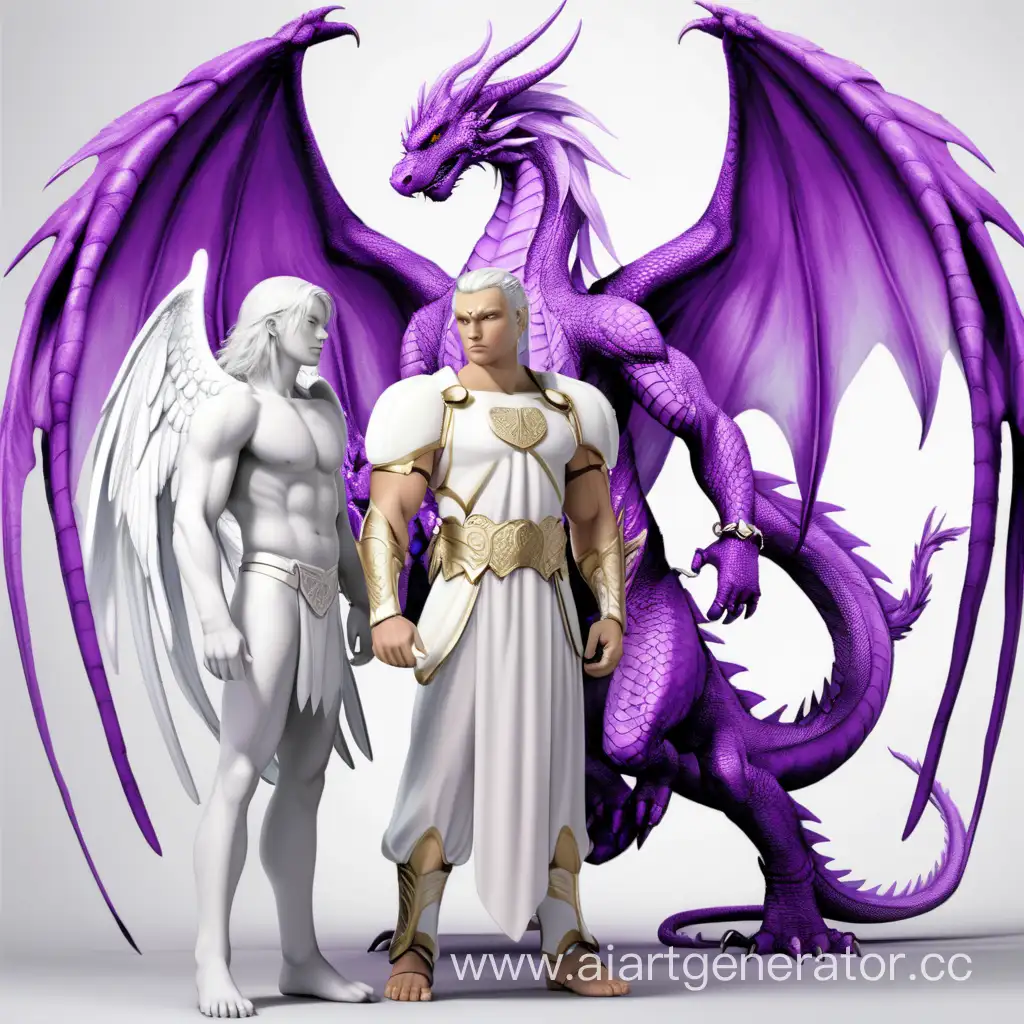 Белый ангел мужчина  и фиолетовый дракон стоящие рядом