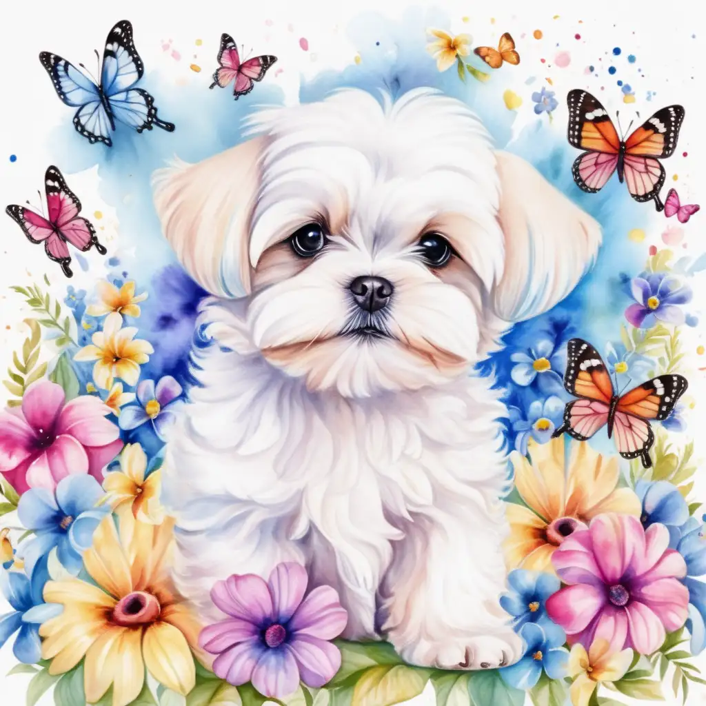 Charming Watercolor Maltese Puppy Surrounded by Vibrant Flowers and Butterflies