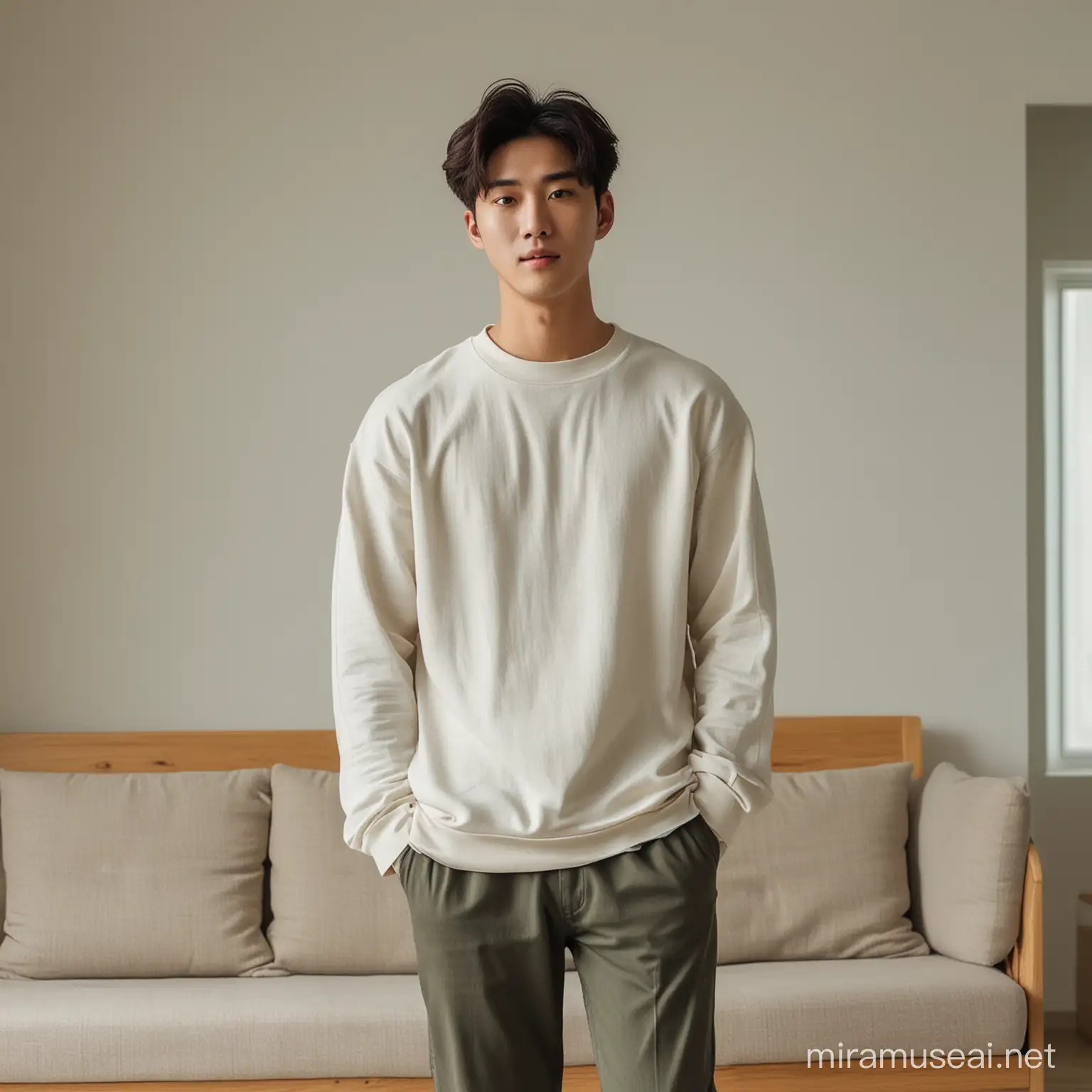Seorang pria muda korea sedang berada didalam rumah memakai baju indoor casual.