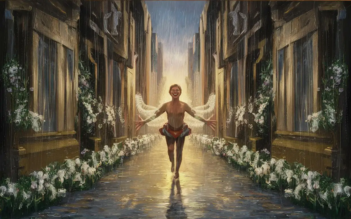a painting of a person walking in the rain, a fine art painting, fantasy art, blossoming path to heaven, city morning, andy park, beautiful oil painting on canvas by Anna Dittmann, by Frank Frazetta, by Gustav Dore, by John William Waterhouse, by William-Adolphe Bouguereau, symetrical features, joyful
