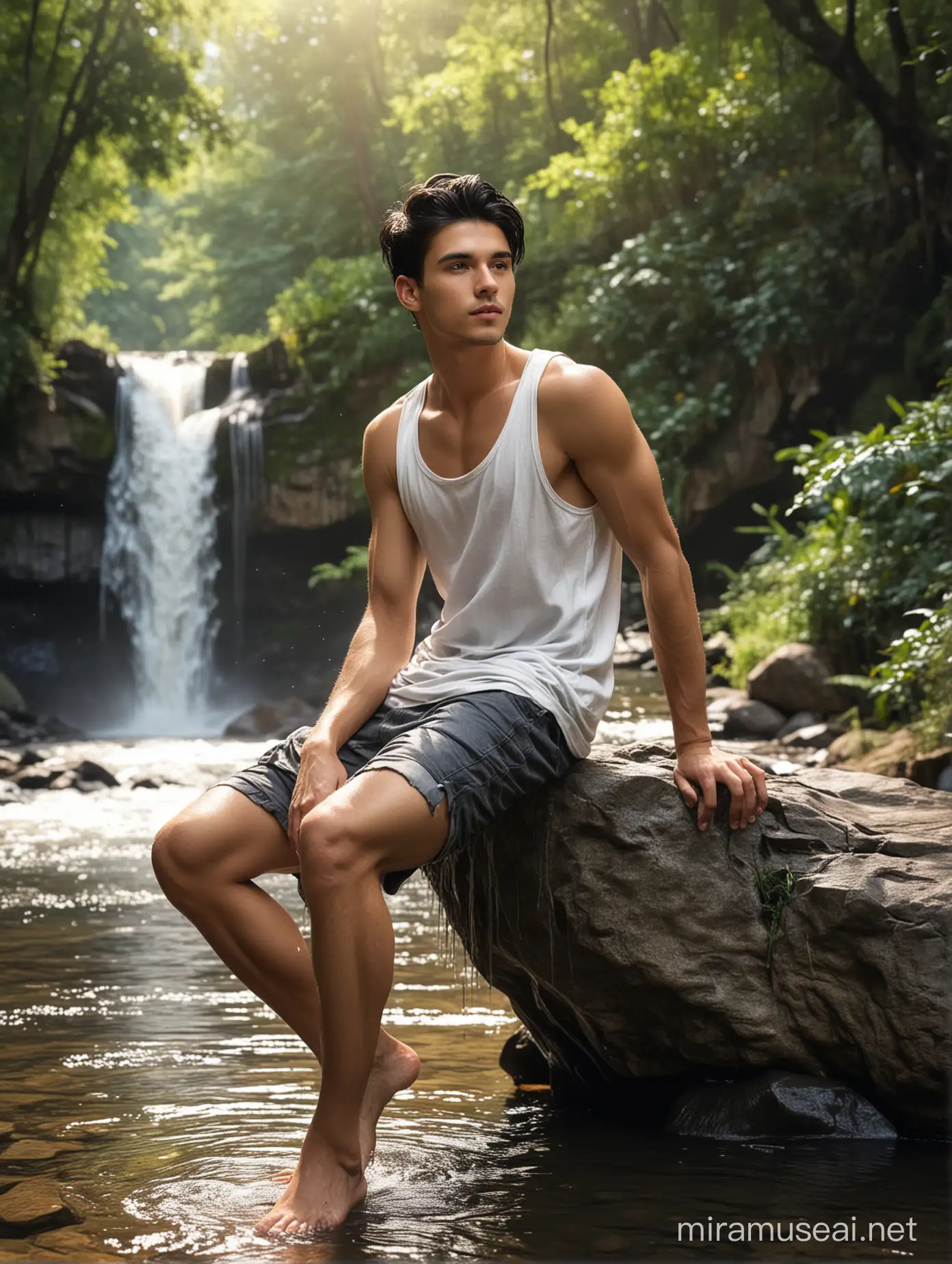 At the forest river water fall, a gorgeous super model very handsome man, 18 year old, wearing white singlet, black hair, sitting. Ultra realistic

