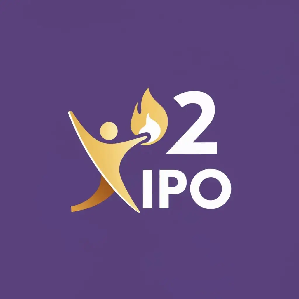 logo, golden color with purple background, a happy man holding a fire or a lamp with meaning of enlightening others, with the text "rd2ipo", typography, be used in Technology industry