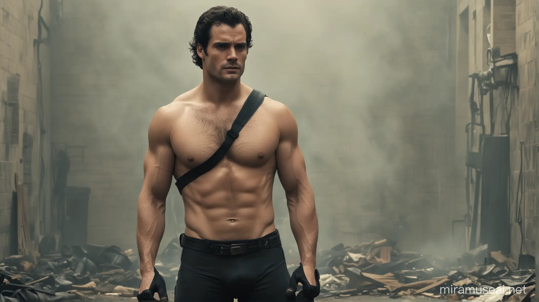 1boy, henry cavill, male_focus, lycr, solo, black_hair, muscular, weapon, realistic, manly, dirty clothes , smoke, muscular_male, jockstrap suit,  looking_at_viewer, wearing nothing
