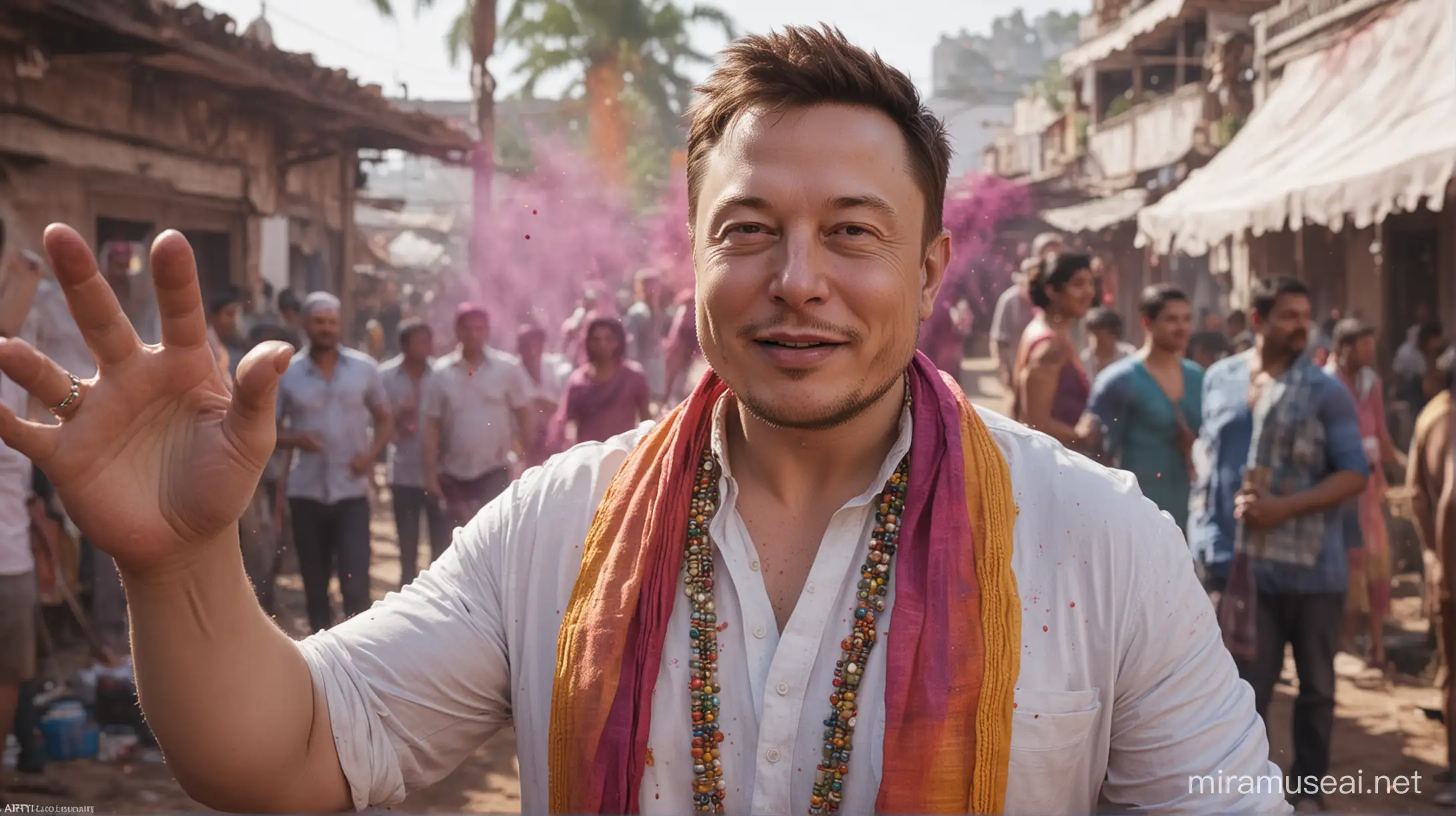 Elon Musk playing Holi in India. Show Elon Musk, dressed in traditional Indian attire, joyfully participating in the festival of colors. Include elements like colored powders, water balloons, and traditional Holi decorations to enhance the festive atmosphere, Cinematic, Photoshoot, wide angle shot, Depth of Field, Tilt Blur, Shutter Speed 1/1000, F/22, White Balance, 32k, Super-Resolution, Pro Photo RGB, Half rear Lighting, Backlight, Dramatic Lighting, Incandescent, Soft Lighting, Volumetric, Conte-Jour, Global Illumination, Screen Space Global Illumination, Scattering, Shadows, Rough, Shimmering, Lumen Reflections, Screen Space Reflections, Diffraction Grading, Chromatic Aberration, GB Displacement, Scan Lines, Ambient Occlusion, Anti-Aliasing, FKAA, TXAA, RTX, SSAO, OpenGL-Shader’s, Post Processing, Post-ultra-detailed, intricate details, super detailed, ambient --uplight --v 4 --q 2