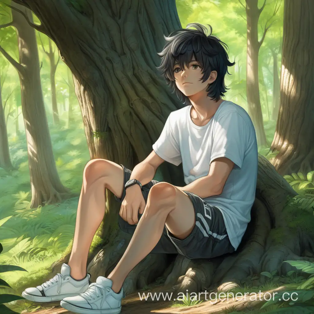 Парень сидит под деревом в лесу с черными растрепанными волосами, белой футболкой и в шортах.