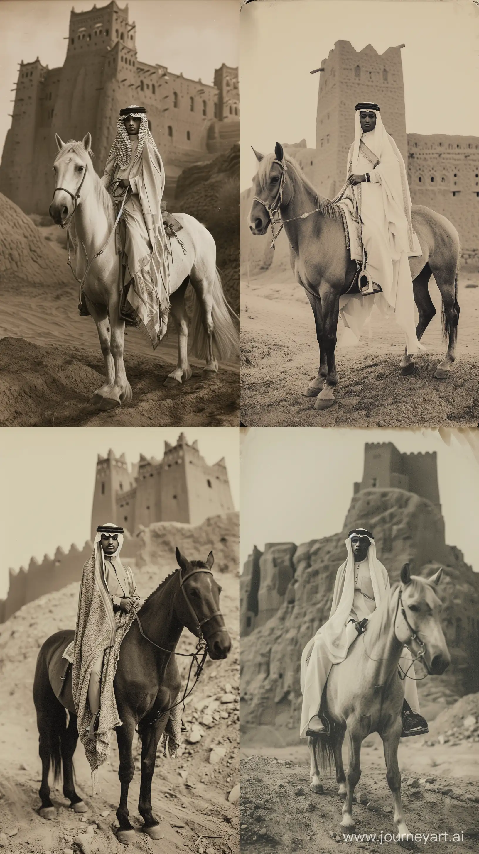 Traditional-Saudi-Young-Man-Riding-Arabian-Stallion-in-Old-Najd-Castle