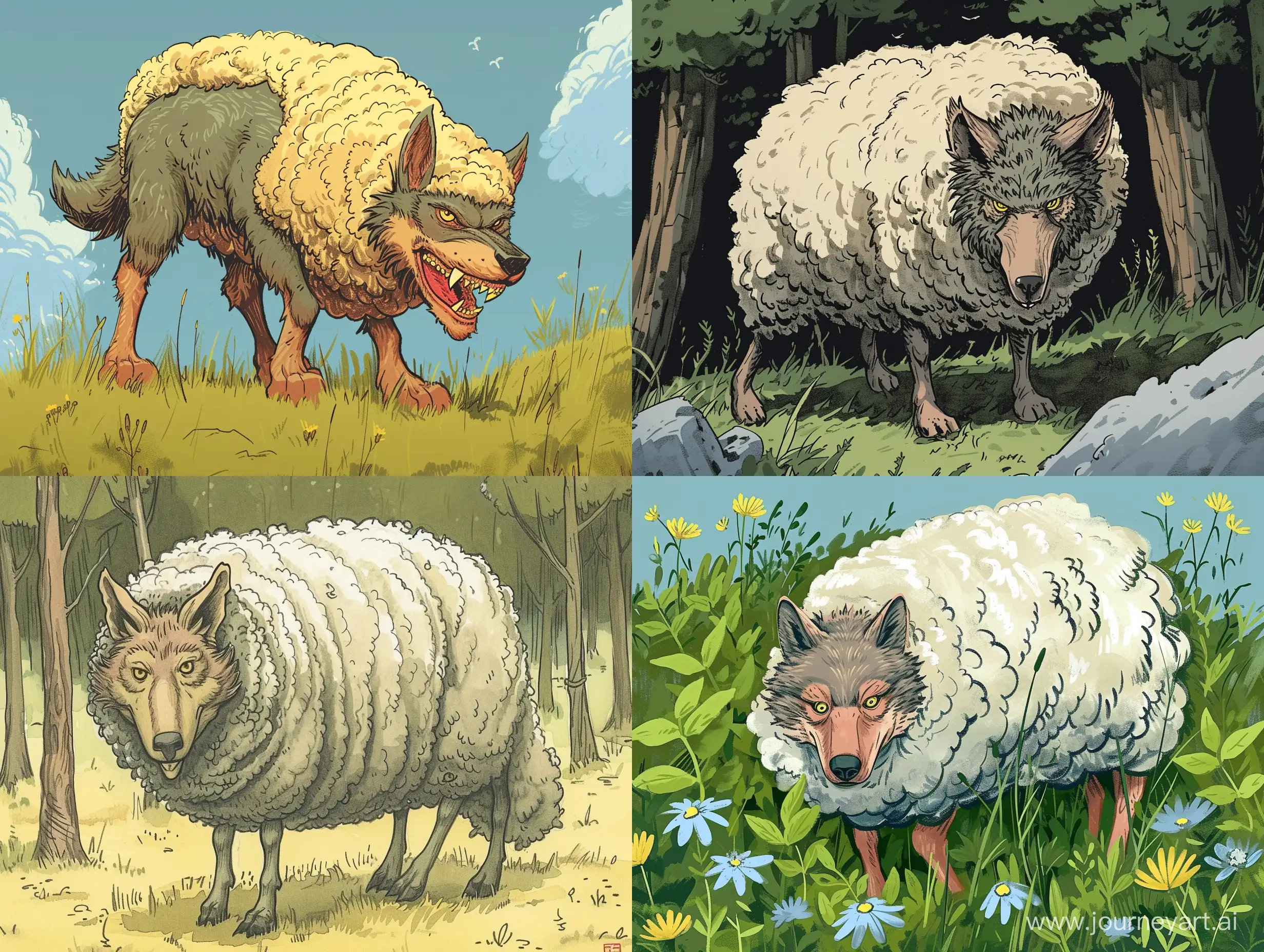 wolf in a sheep disguise, comic illustration