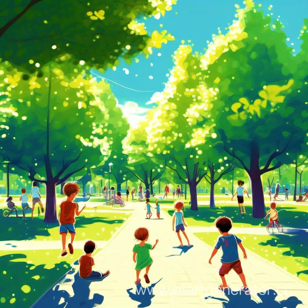 Мой любимый город, летом, зелёные деревья, синее небо, солнечный свет. Каникулы начались. Дети гуляют в парке.