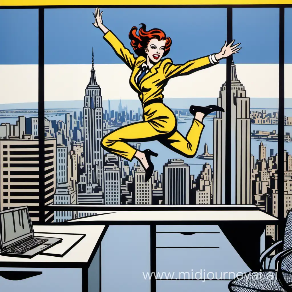 Dynamic Female Management Consultant Leaping Over Desk in New York Office Scene