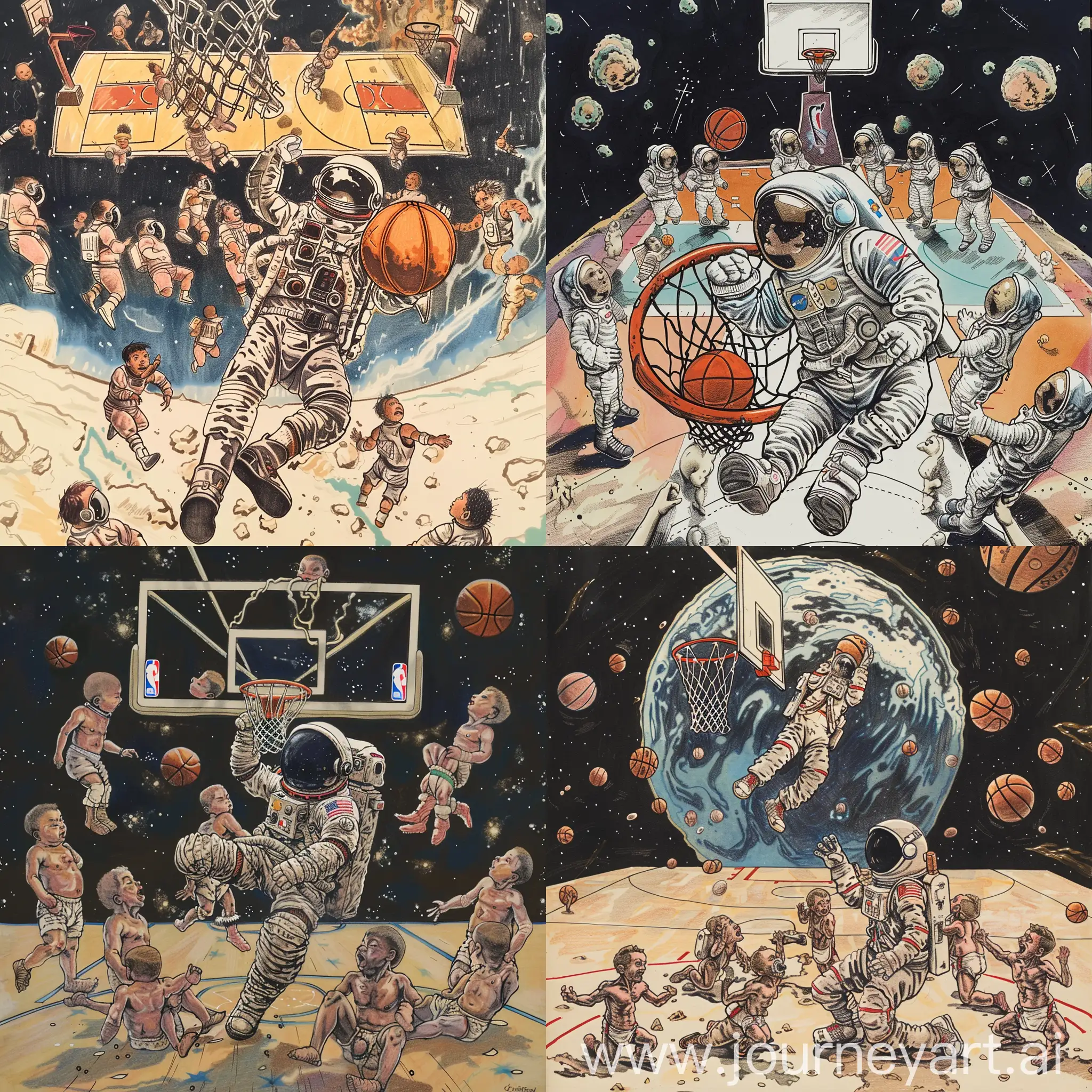 Maak een tekening van astronaut die door de ruimte zweeft en dunkt op een basketbaldgoal die daar zweeft Op de achter grond zie je een basketbalveld waar eer 10 baby’s aan het basketballen zijn ze dunken, doen lat ups maken driepunters…