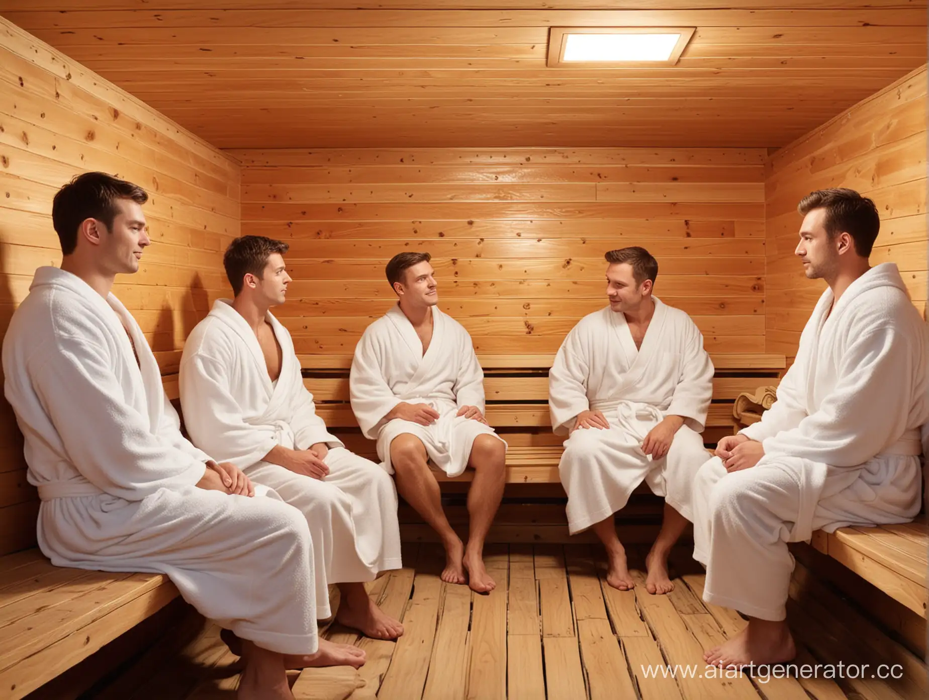 Men-Relaxing-in-Sauna-White-Robed-Conversationalists-in-Spacious-Setting