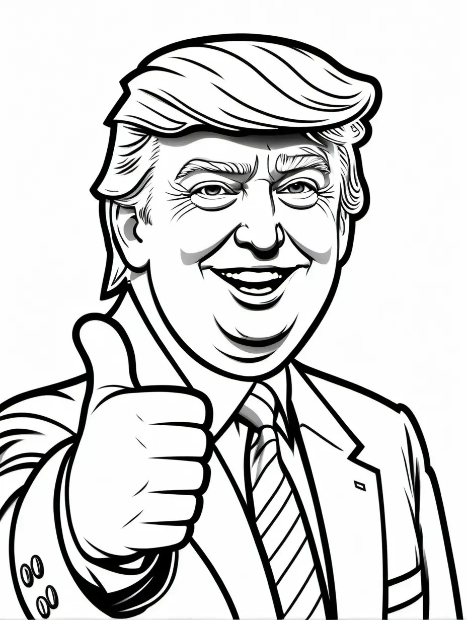 Kids coloring page, b&w lineart, simple, outline, white background, realistic Donald Trump giving
 a thumbs up