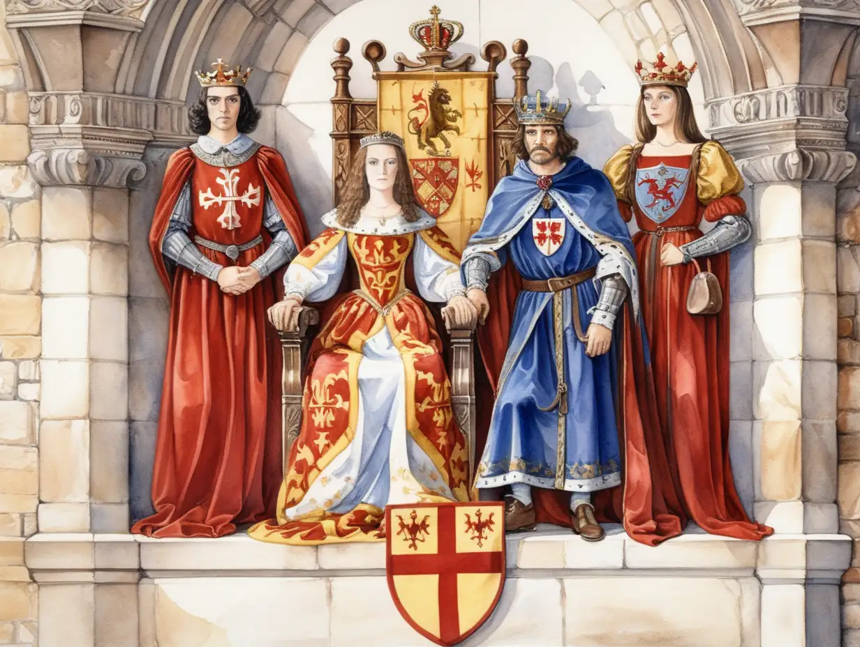 Época medieval,trono, escudo de armas de castilla en la pared,,Reina Isabel la catolica y Fernando de Aragón,Milo Manara, acuarela