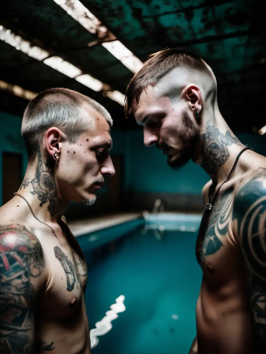 two confident german guys with tattoos touching foreheads in dark dirty abandoned swimming pool, other people blurred on the background