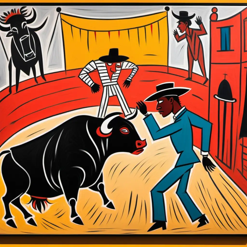 Vibrant Fusion Picasso and BasquiatInspired Bullfight Painting