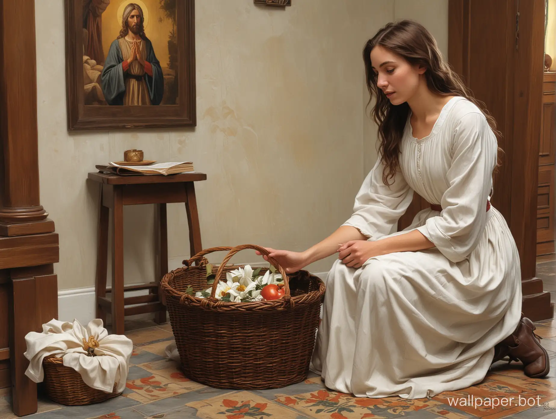 In the style of Dalhart Windberg, Norman Rockwell, and Steve Hanks, create an image of a young woman in old-fashioned attire, baskets from the 17th century, and she is kneeling at an altar of the Catholic church looking at an image of Jesus. The scene is angular. The young woman is gazing at the image of Jesus with serene and tranquil countenance, demonstrating her faith in Jesus' teachings. The image of Jesus is large, Jesus is smiling, and seems to understand the young woman's plea. A moving scene is unique.