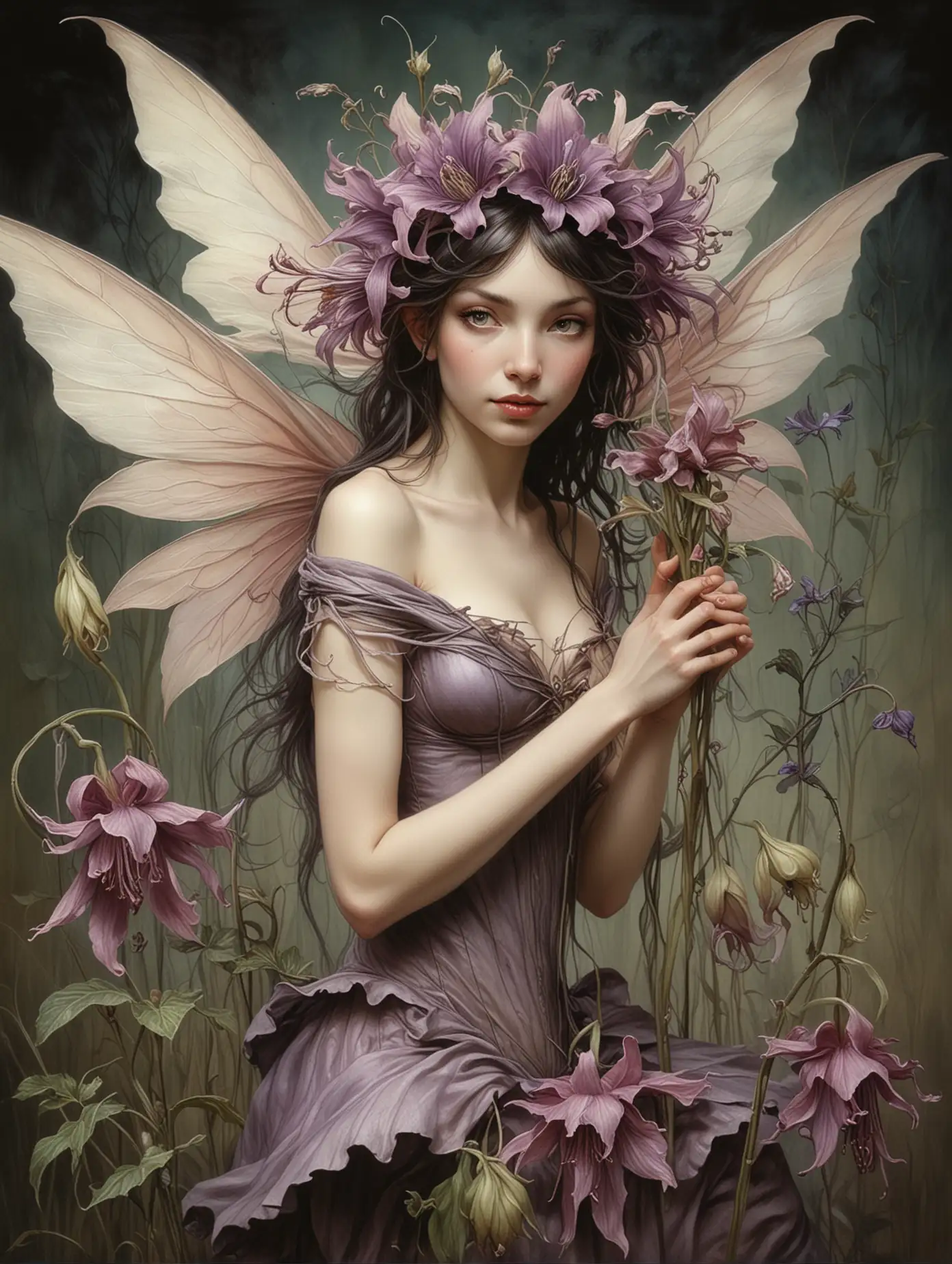 Cicely Mary Barker's art style blended with Brian Froud's art style creating a hyper-realistic, extremely detailed image of the Flower Fairy, Belladonna.
