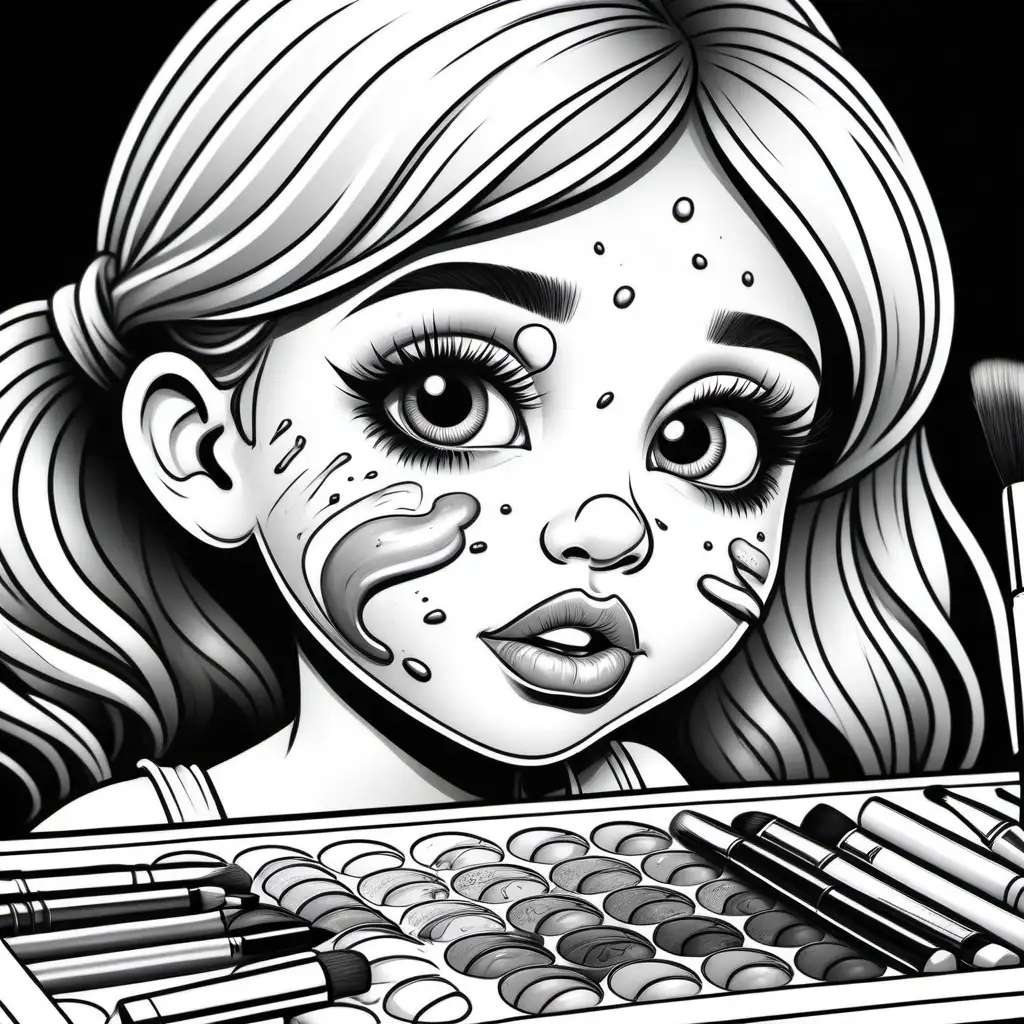 adult coloring book, black and white. Illustrated, cartoon style, dark-lined, no shading, highly detailed. A little girl making a mess on her face with mom's makeup