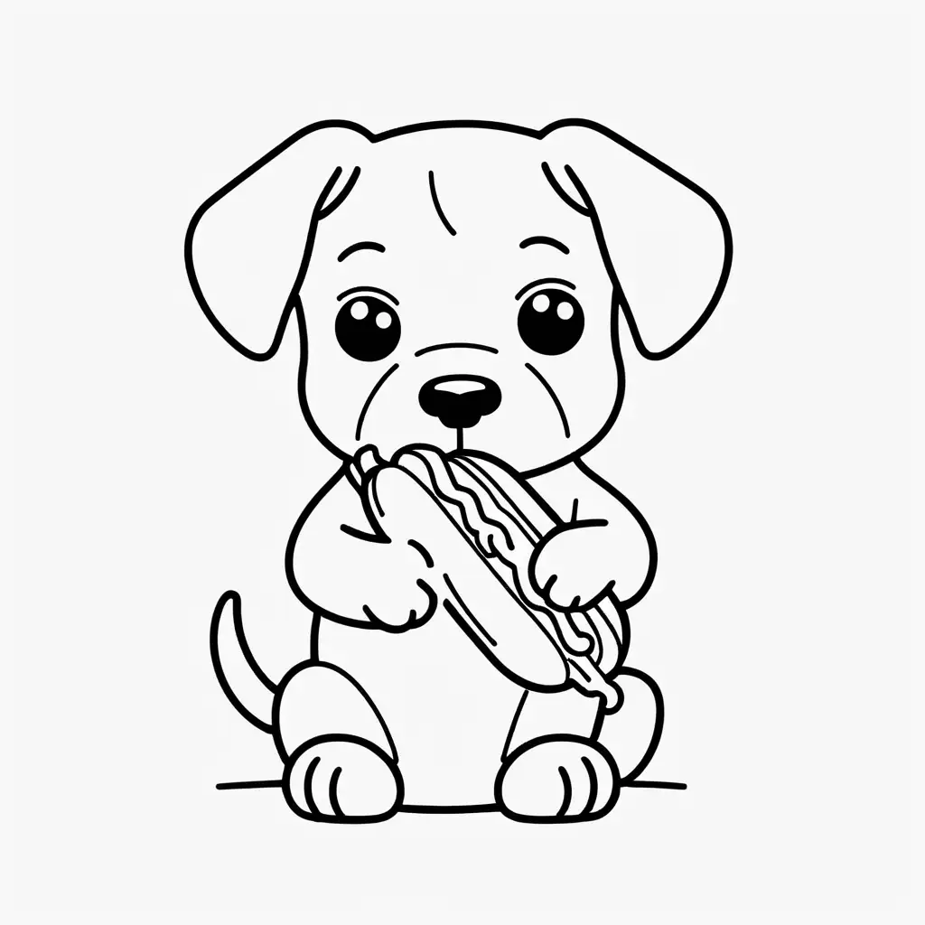b&w lineart kawaii style puppy eating an american style hot dog, minimalist style, white background, full body, picture, coloring book style on white background, well composed, clean coloring book page, No dither, no gradient, strong outline, No fill, No solids, vector illustration, –ar 9:11 –v 5