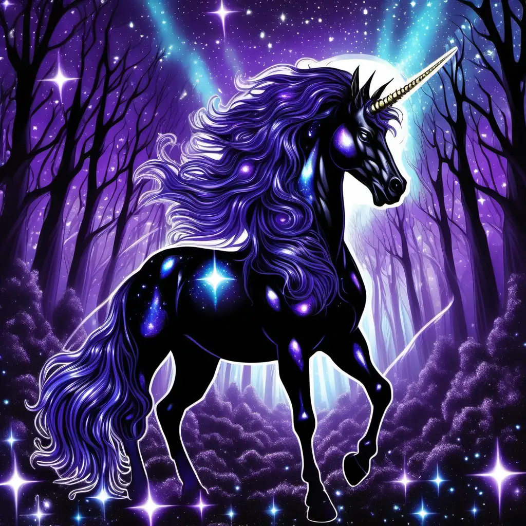 one beautiful black male unicorn with a horn glowing brightly, his coat shining with stars and images of the universe, and his mane is  a shiny glossy black, similar to Sue Dawe artwork,  in a shadow laden dark gothic realm magical forest with various shades of purple, blue and black 
