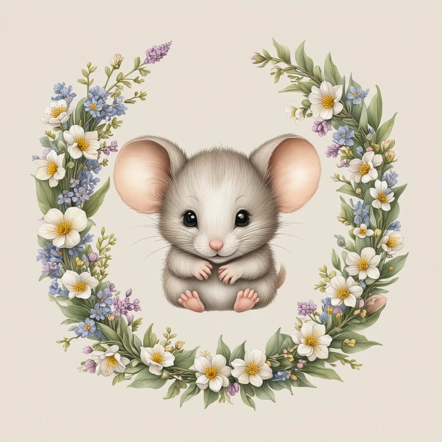 Cute pencil drawing of a garland with baby mouse holding spring flowers, neutral, isolated on a white background, suitable for clip art