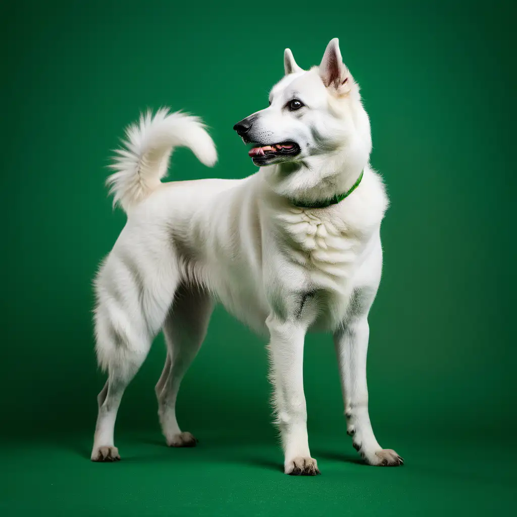 A full side view of a standing Akbash dog, on a  green background