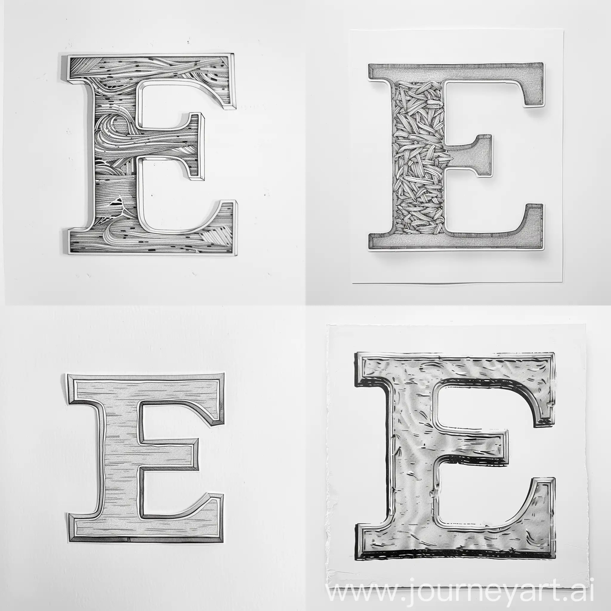 linear silhouette of the letter E pressed into a white surface, line art,monochrome 