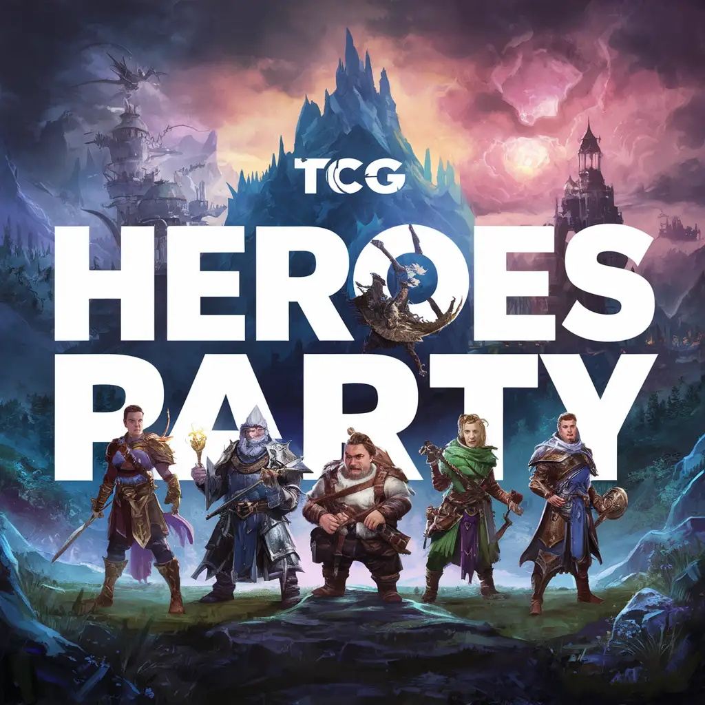 STYLIZED FANTASY WORLD tcg VIDEO GAME LOGO COVER ART WITH THE LETTERS "HEROES PARTY" ACROSS GAME COVER ART, HERO PARTY WARRIOR MAGE ROGUE DRUID paladin, gnome human dwarf elf