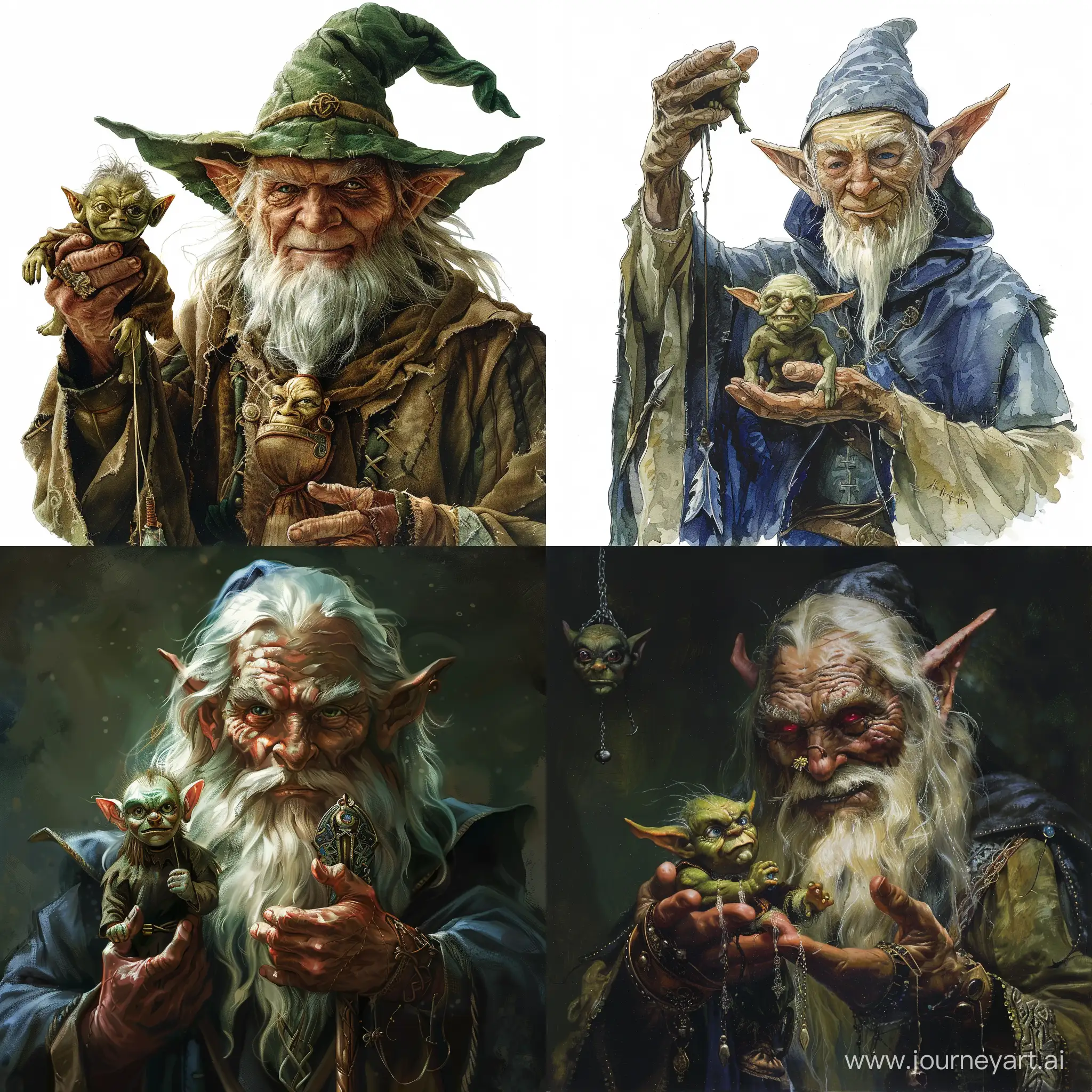 elven wizard with small goblin puppet, classic fantasy style --v 6 --ar 1:1 --no 50491
