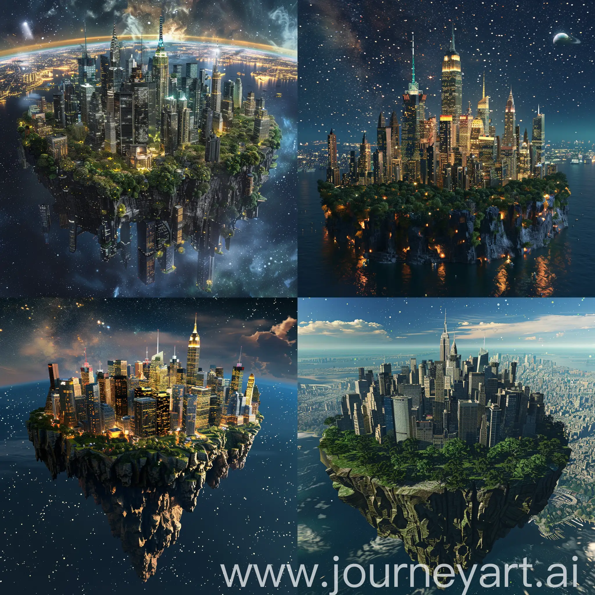 create a island in space  like Metaverse NFT, Newyork in island ,3d , 4k , high quality