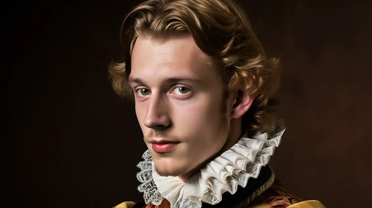 A side profile photo of a very attractive 20-year old Elizabethan aristocrat Henry Wriothesley, Third Earl of Southampton, with an arrogant smile staring into the distance, brown background.