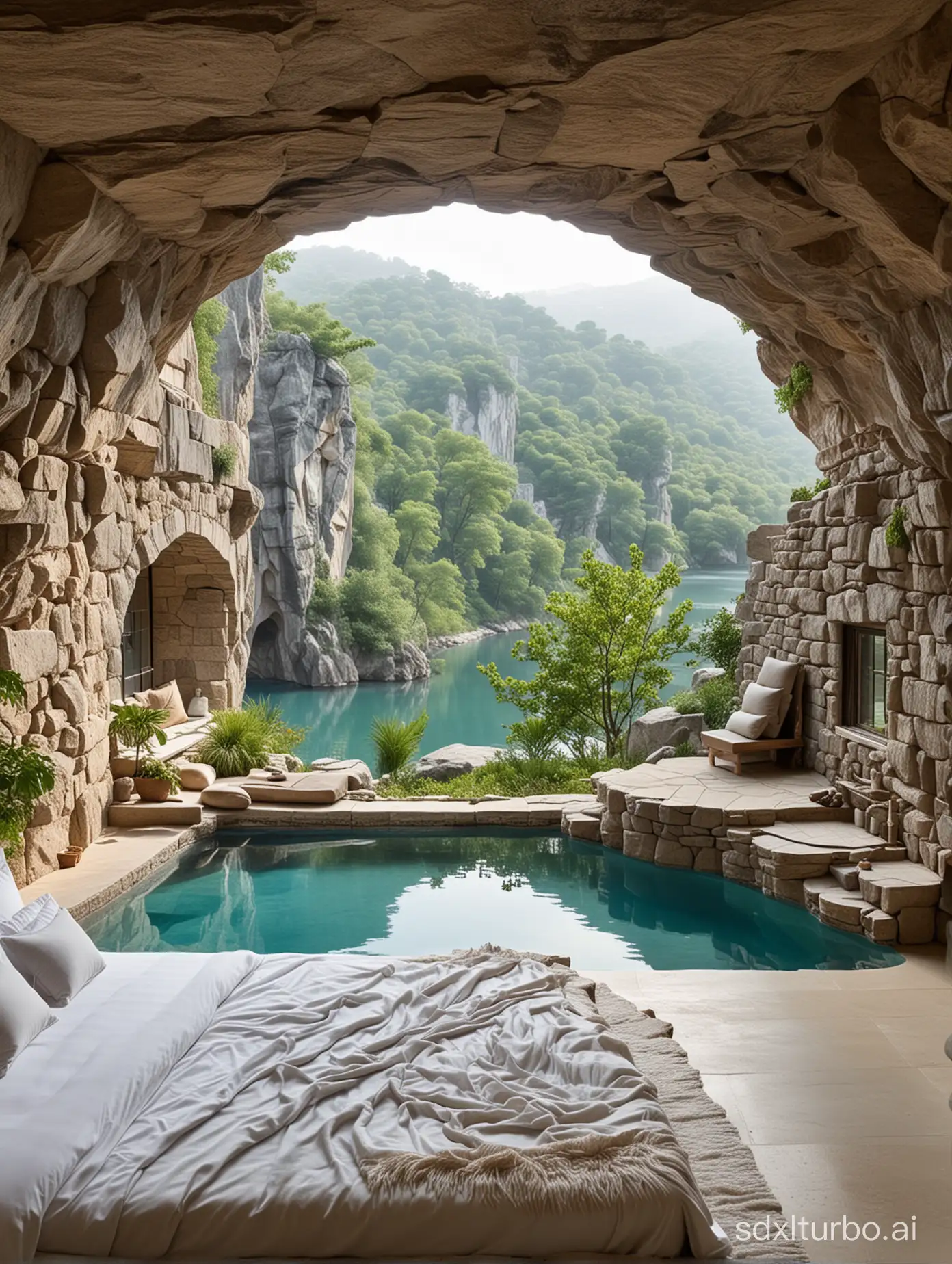 A luxurious bedroom seamlessly integrated into a natural cave setting. The room features rough stone walls that are part of the cave itself, creating an organic and rugged appearance. There is a large, clear window that reveals a misty lake surrounded by lush greenery, giving the impression of a hidden oasis. The focal point is an indoor pool with calm turquoise water, reflecting the tranquility of the setting. The pool is surrounded by natural stone, blending with the cave's interior. Beside the pool, there is a comfortable bed with plush bedding, positioned to provide a view of the lake through the window. The room's design maximizes the natural light that filters in, highlighting the peaceful coexistence of modern luxury and the raw beauty of nature. This vertical image emphasizes the height of the cave and the depth of the view outside.