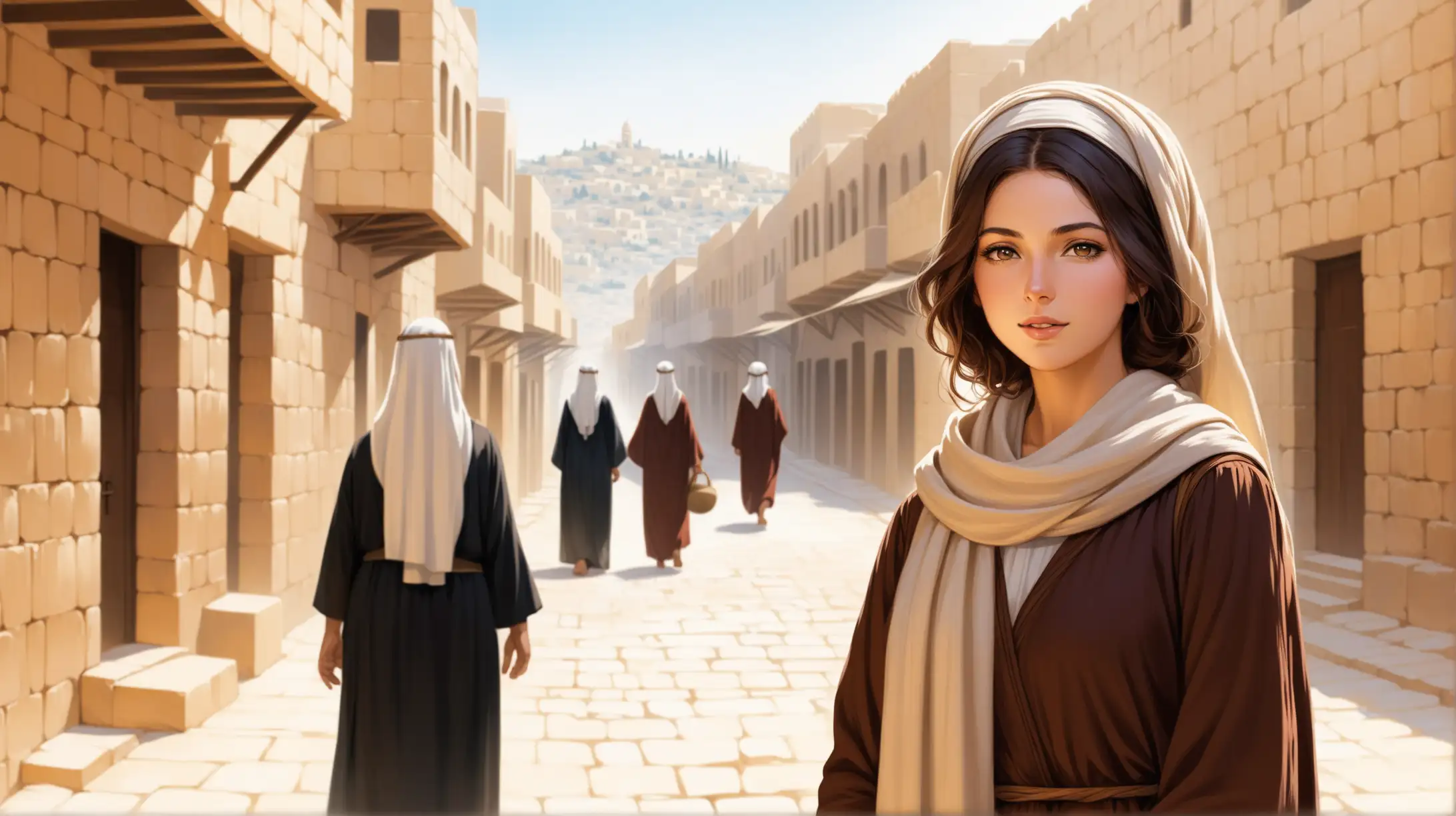 epoque biblique, une femme hébreu avec un foulard sur la tête, en fond une rue d'une ville hébreu