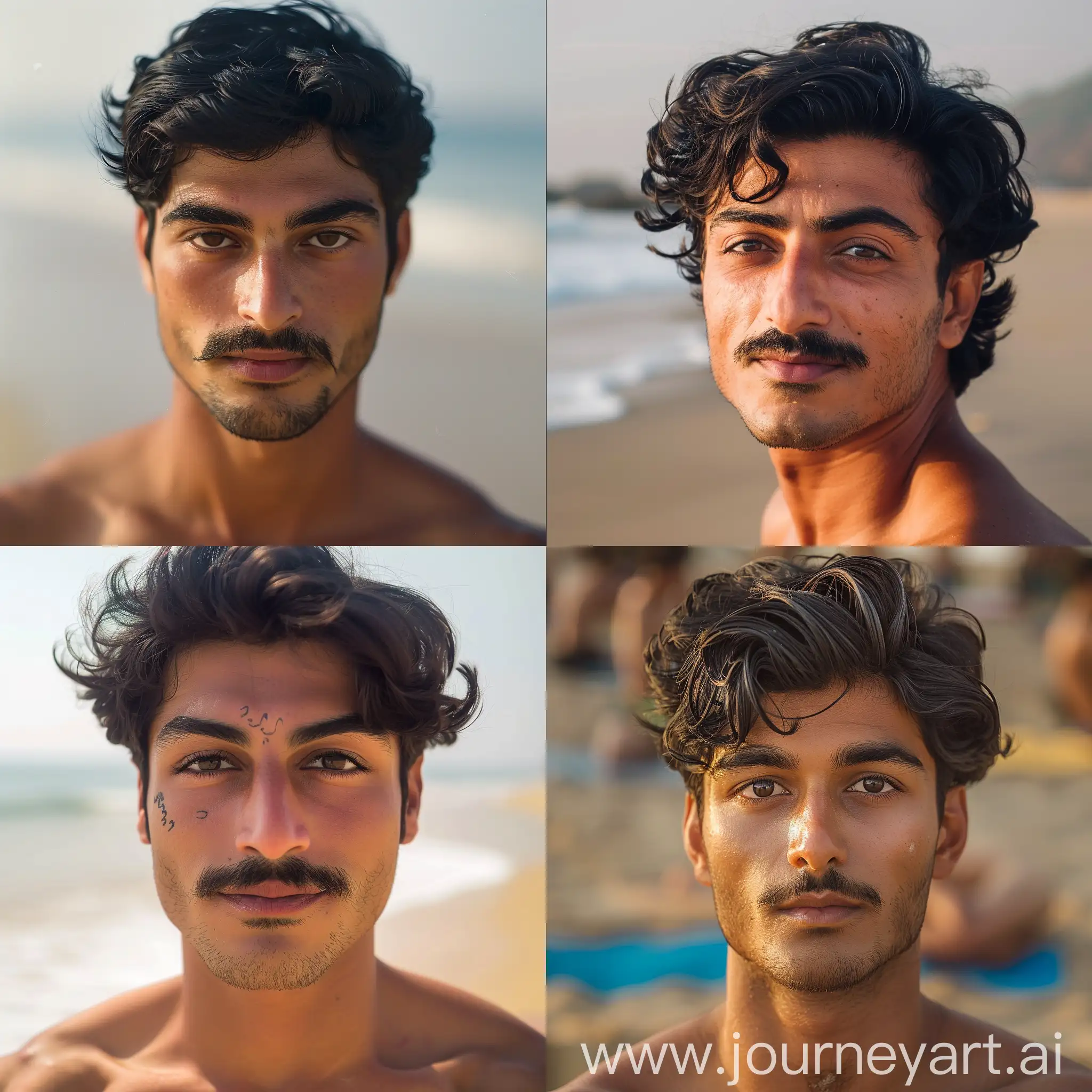 Красивый смуглый иранский парень с чёрными волосами, карими глазами и усами занимается йогой на пляже на Гоа