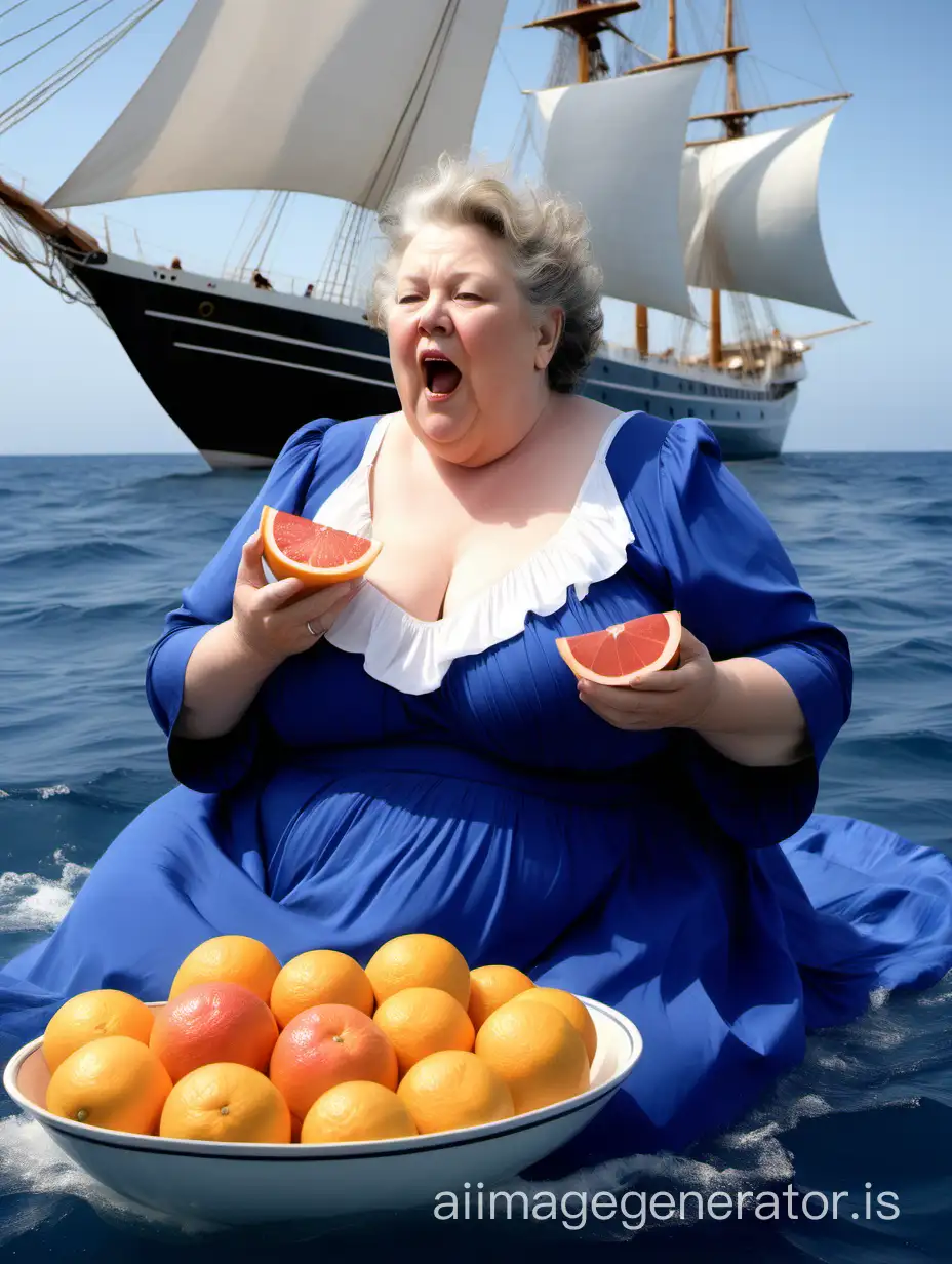 White overweight 60 year old woman in blue dress floating in Ocean with white sail ship in background many sails, she is eating a grapefruit.