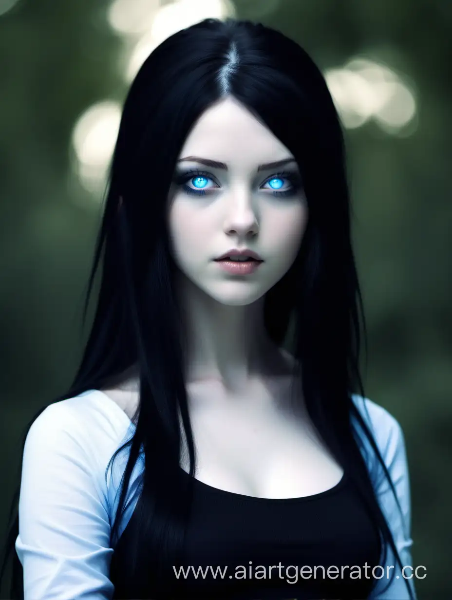 a girl with black hair and white skin and blue eyes and she has mind control powers she's kind