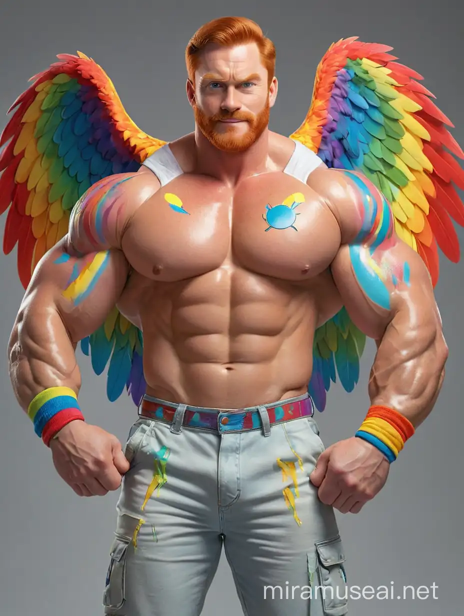 Ultra Beefy Redhead Bodybuilder Flexing with Rainbow Eagle Wings Jacket and Doraemon