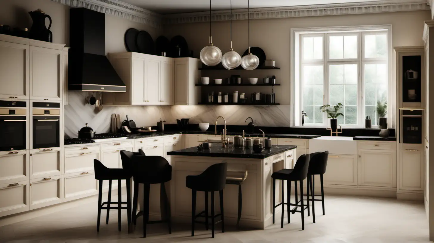 a hyperrealistic image of a Modern Neo-Classical kitchen ; beige, ivory, black colour palette

