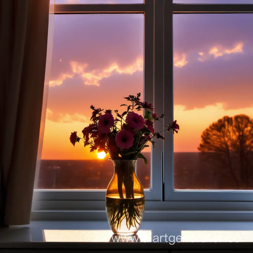 цветы стоящие в вазе напротив окна с красивым закатом