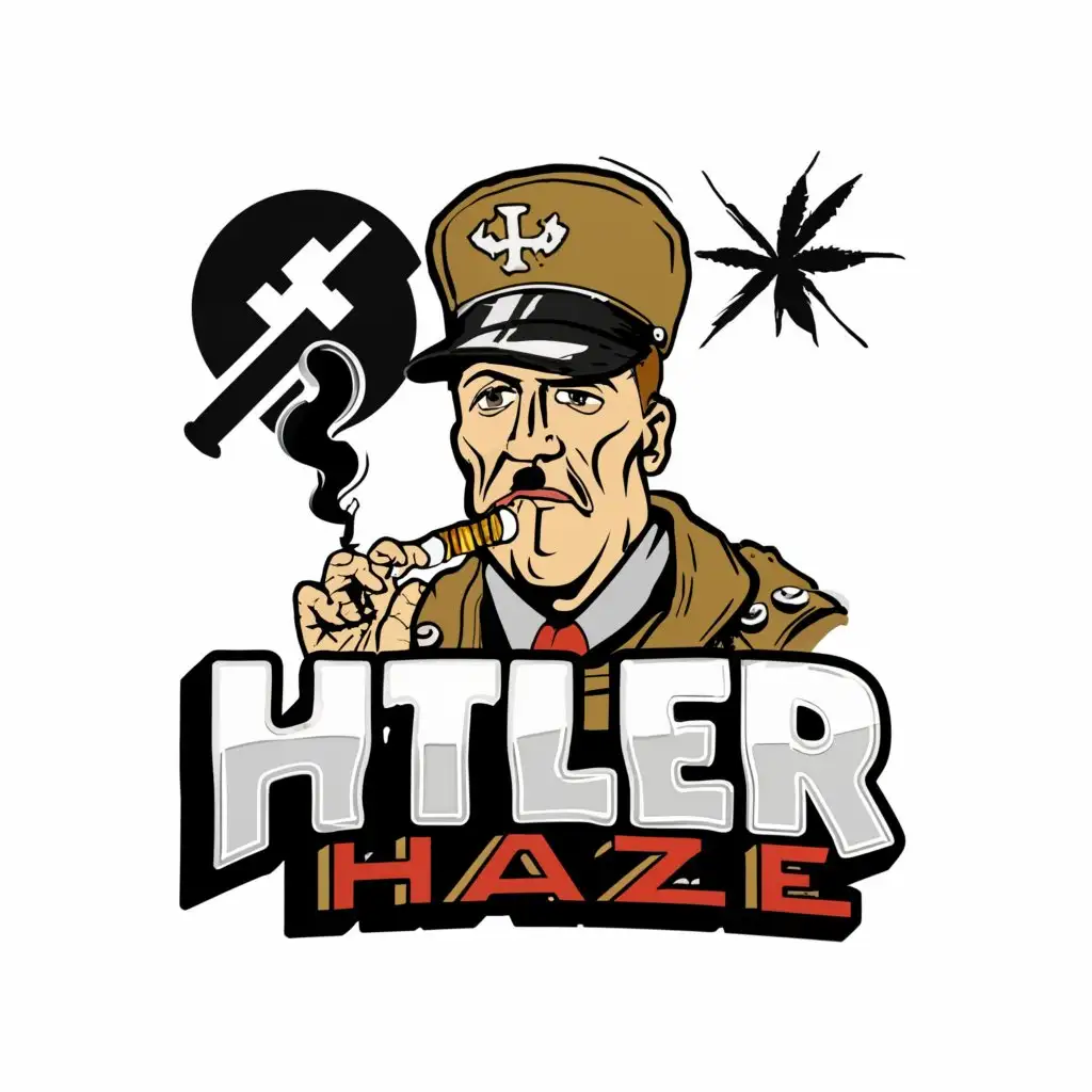 a logo design,with the text "Hitler haze", main symbol:Hitler, nazi Symbol  , weed  , comic style,complex,clear background