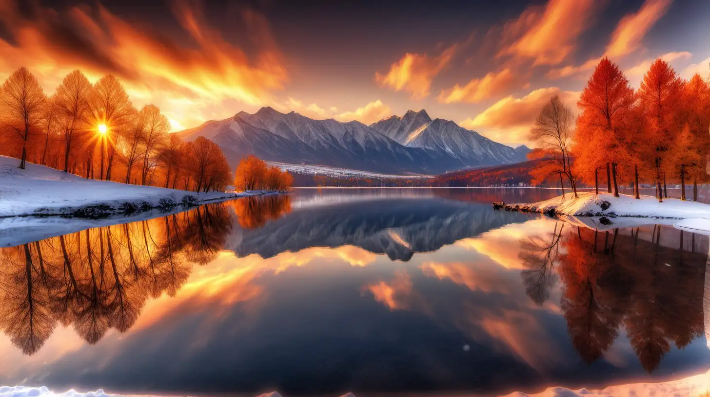 bright sunset over a lake, mountains, clouds, reflection, autumn trees, snow